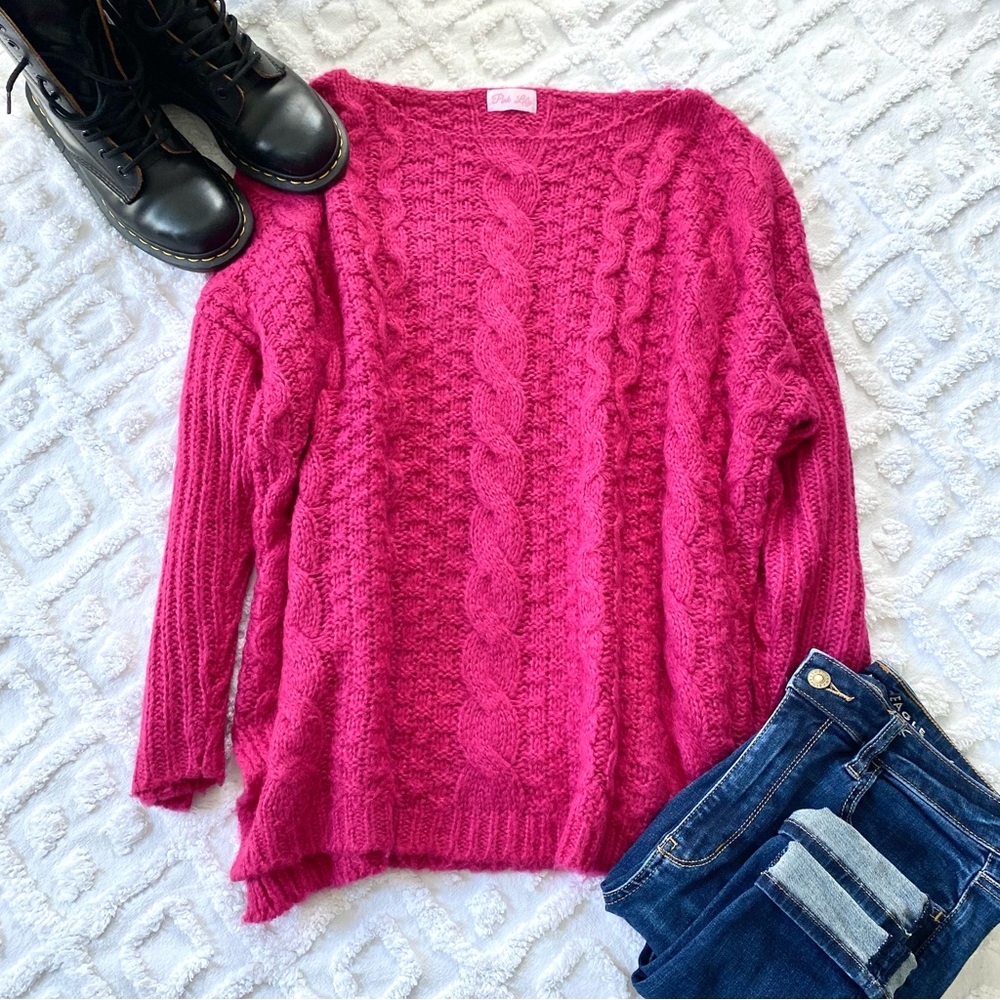 Pink Lily Hot Pink Cable Knit Scoop Neck Sweater